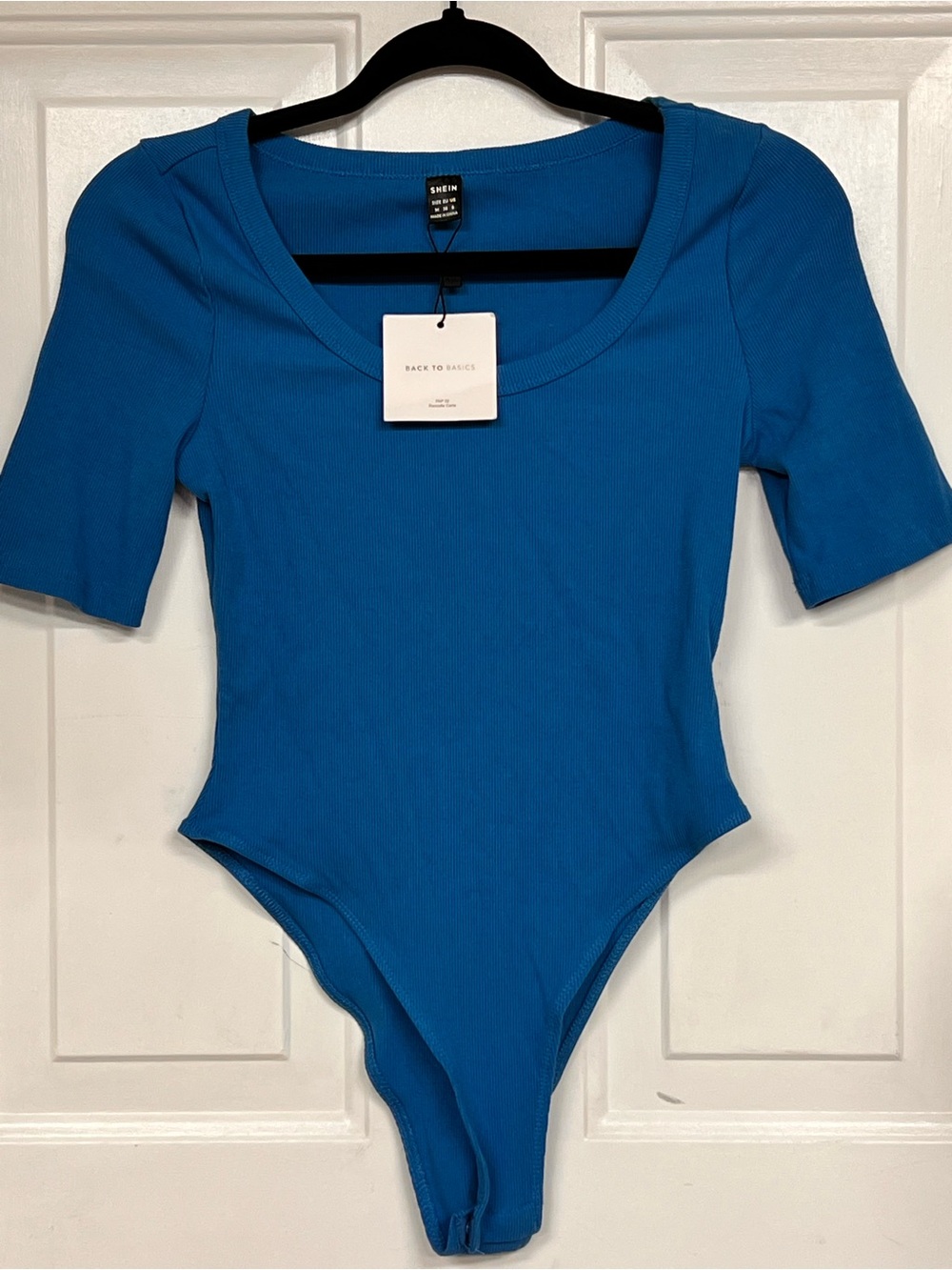 SHEIN Blue Ribbed Scoop Neck One-Piece Bodysuit